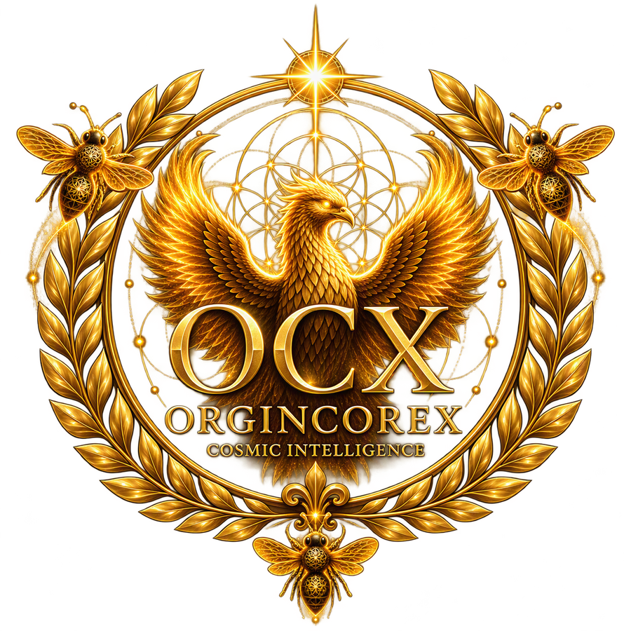 Golden OrginCoreX OCX phoenix emblem representing consciousness, remembrance and cosmic intelligence.